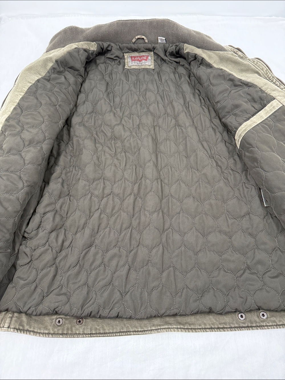 Levi's Jacket Men's Large Olive Utility Trucker Jacket Stand Collar Lined - Picture 3 of 14